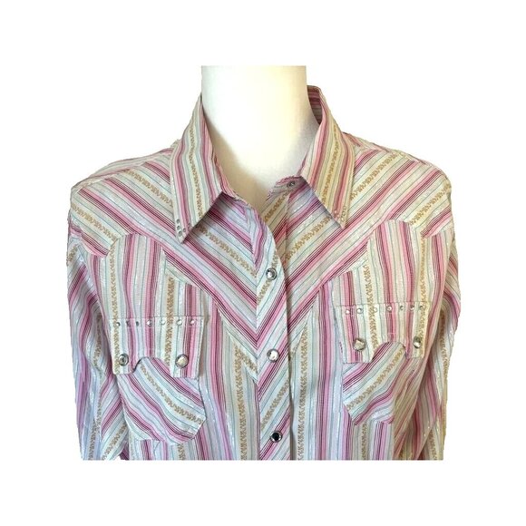 ARIAT Womens Western Shirt Size Large Pink Metallic Striped Rhinestone Snaps - Picture 2 of 9